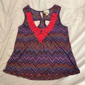 Pretty Rebellious Multicolor Chevron Tank Top with Red Lace